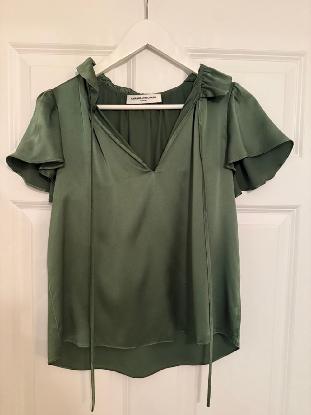 Amanda Uprichard Olive Satin V-Neck Blouse - Size Small
